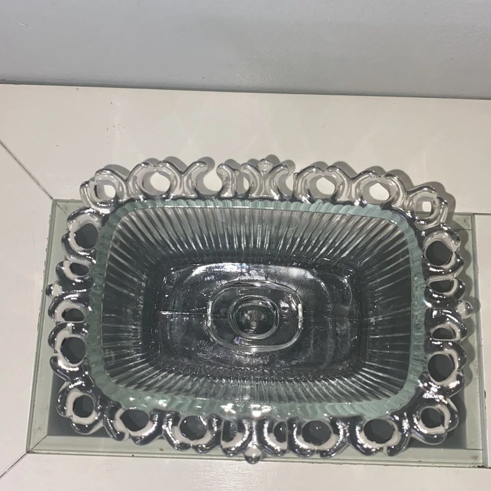 Vintage Indiana Glass Clear Lace Edge Pedestal Candy Bowl with Lid